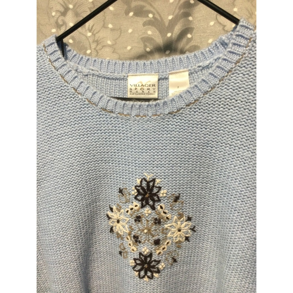 Villager Sport Embroidered Knit Sweater Blue Floral Accent Beads Womens - Picture 3 of 10